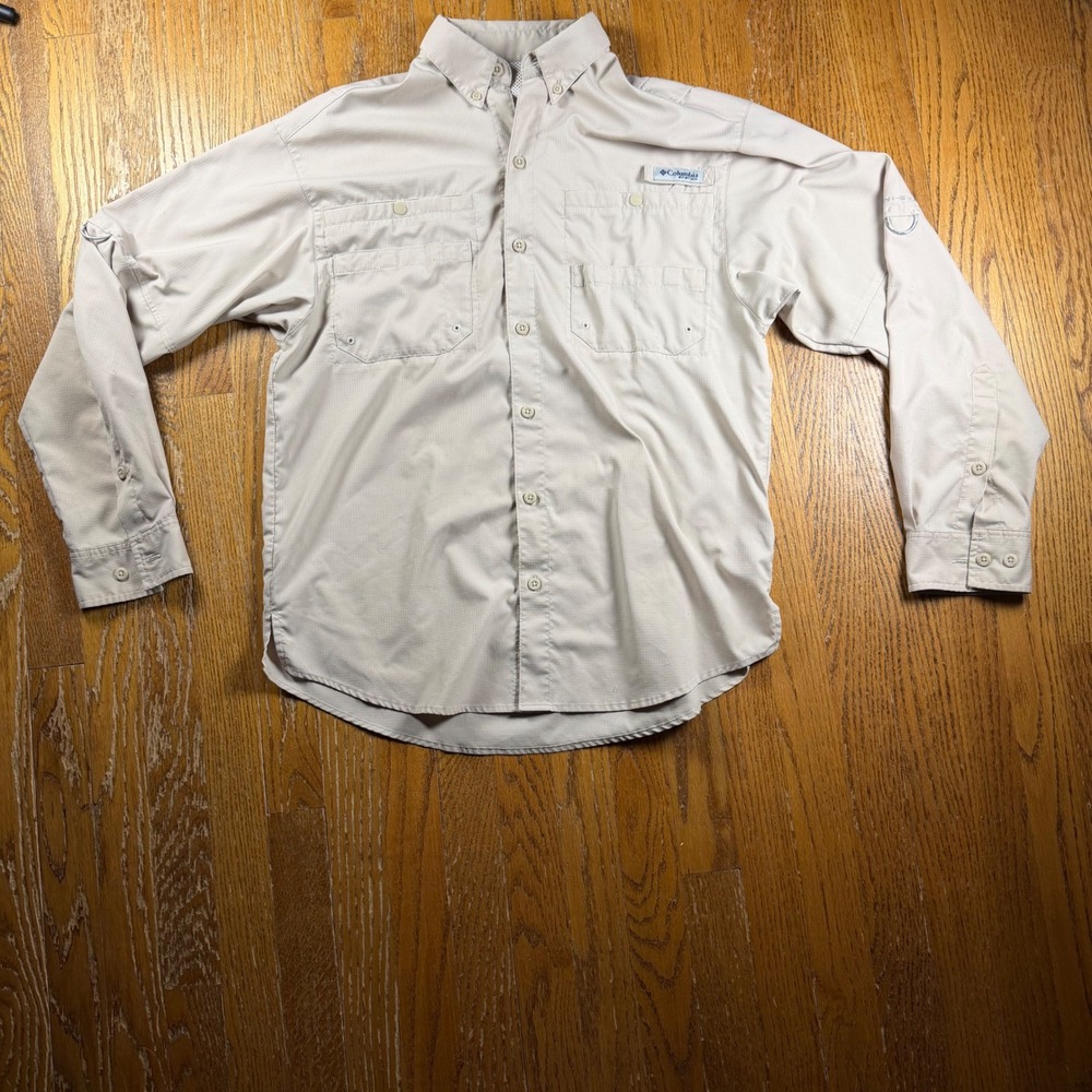 Columbia PFG Mens Long Sleeve Fishing Shirt Tan Vented Ripstop Button Down Small